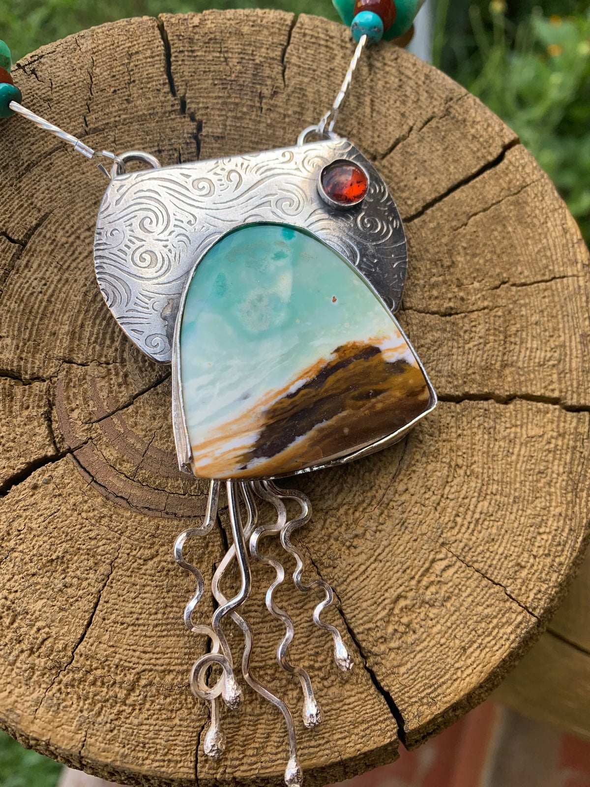 Serenity Beach Series #16 one-of-a-kind Blue Wood Opal sterling silver statement necklace by Christine Keller