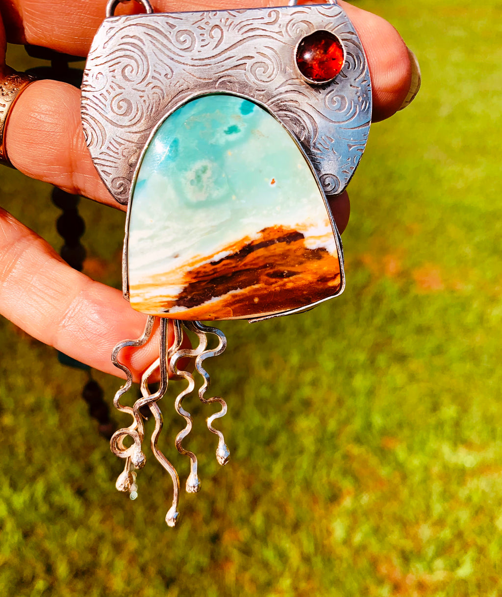 'Serenity' Blue Wood Opal Silver Pendant