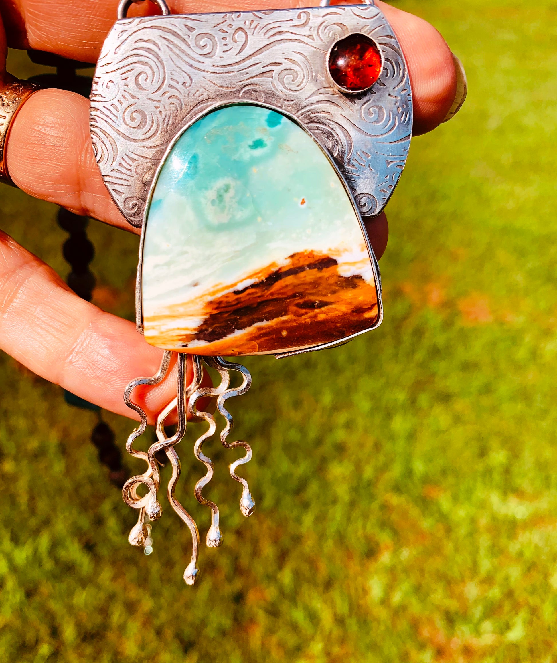 'Serenity' Blue Wood Opal Silver Pendant