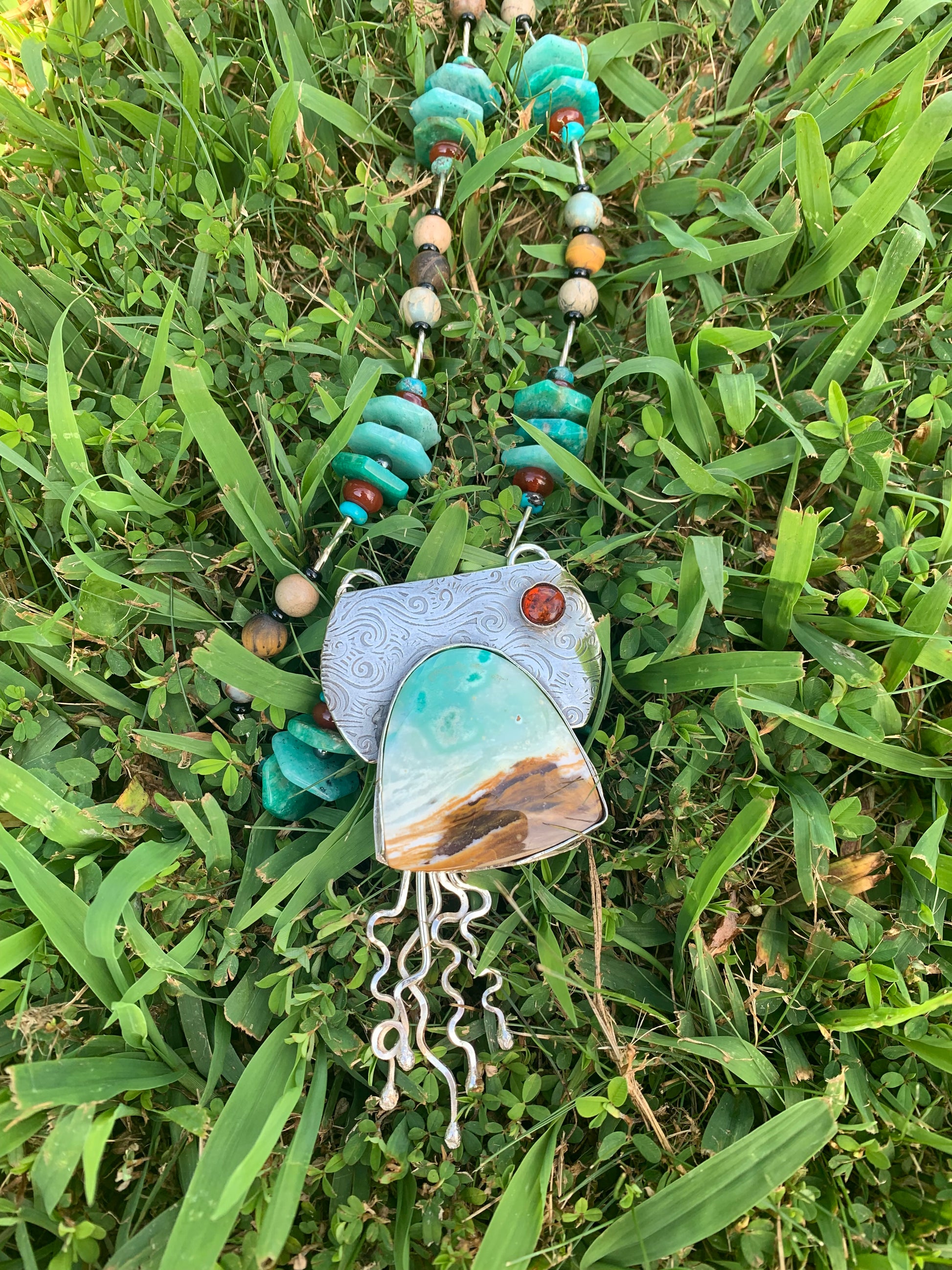 'Serenity' Blue Wood Opal Silver Pendant