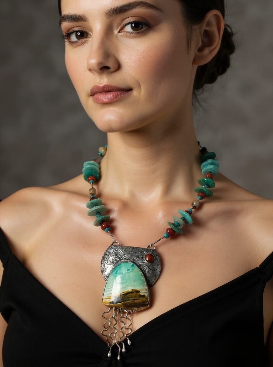  Serenity Blue Wood Opal collector statement necklace shown worn at statement scale