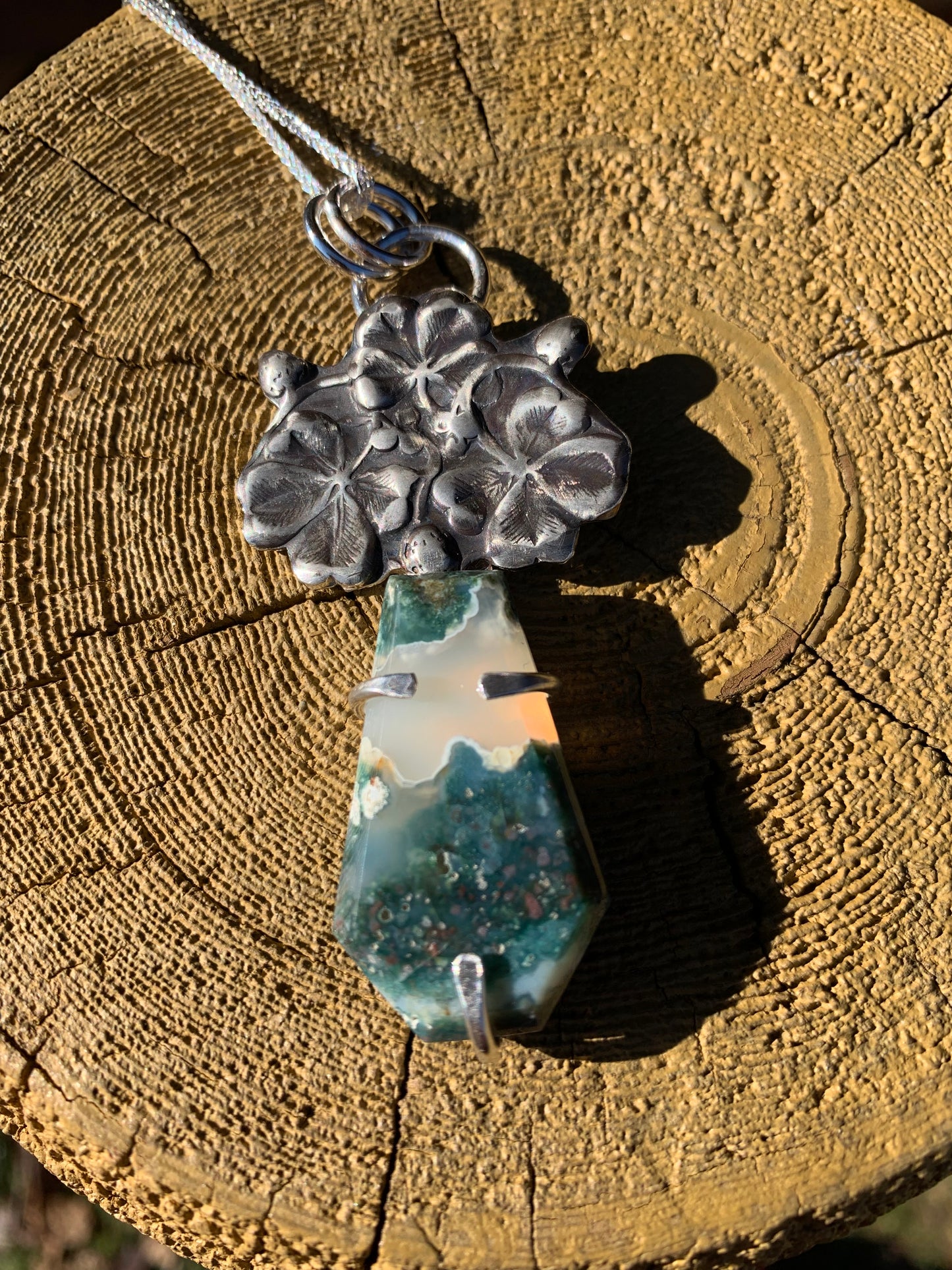 'Shamrocks' Moss Agate Silver Pendant