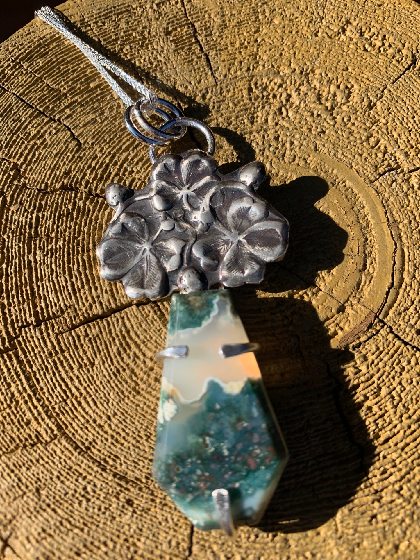 'Shamrocks' Moss Agate Silver Pendant