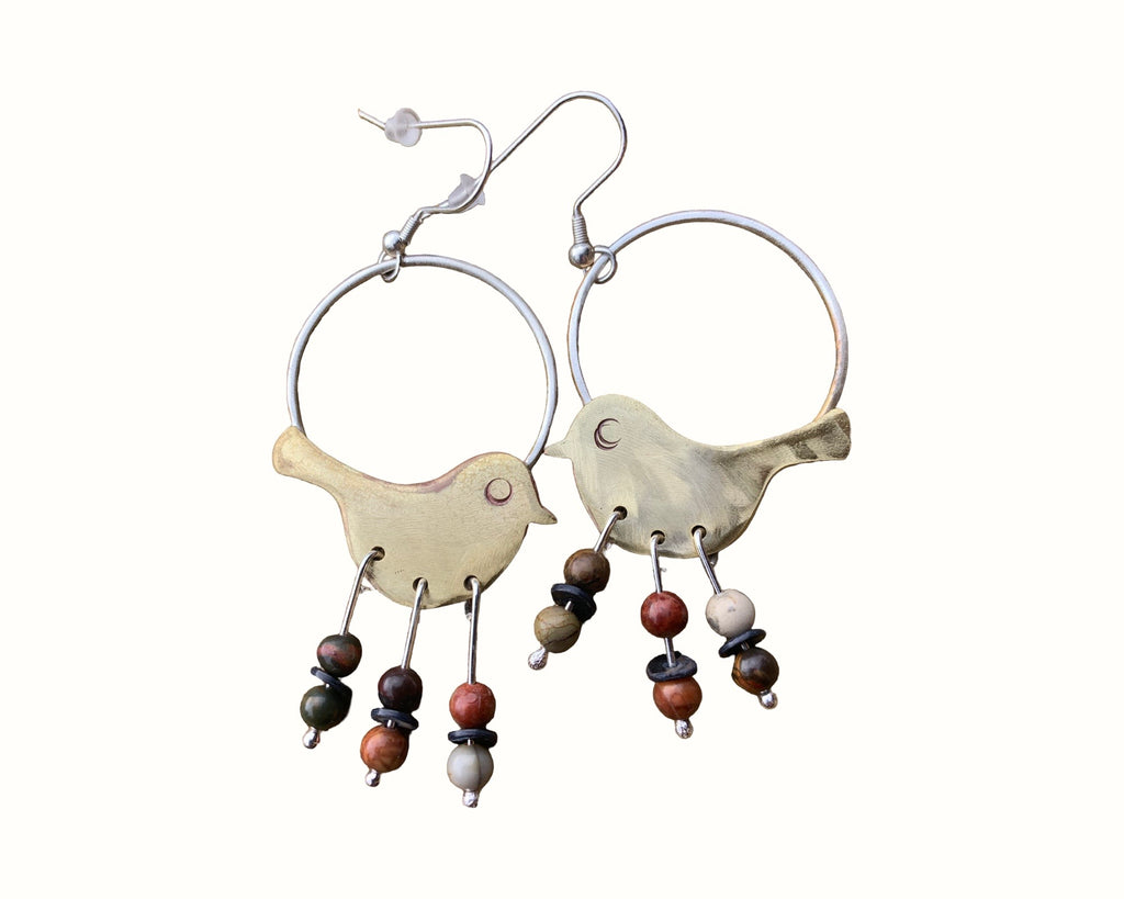 Bird earrings in brass on silver Earrings
