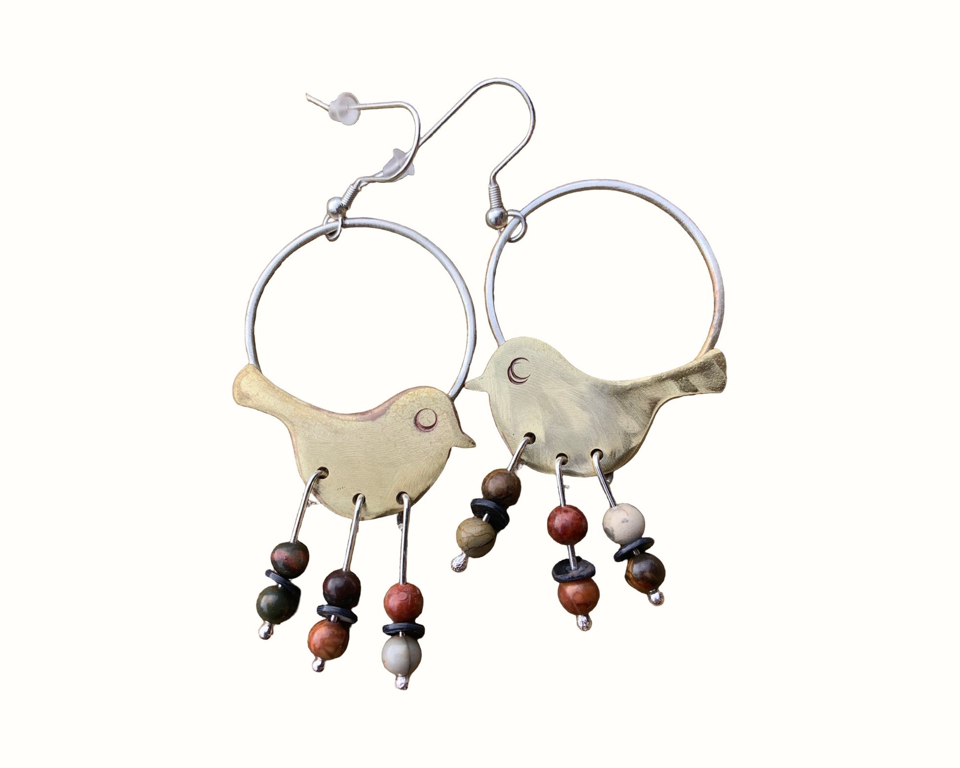 Bird earrings in brass on silver Earrings