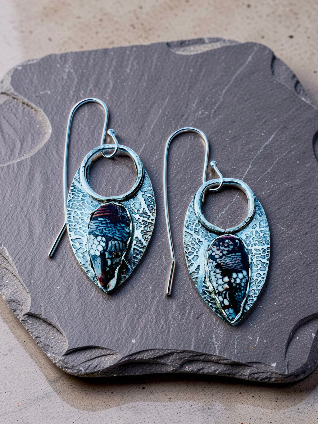 Ancient Armor handcrafted sterling silver earrings with patterned Snakeskin Jasper stones by Christine Keller of Chrizart Creations