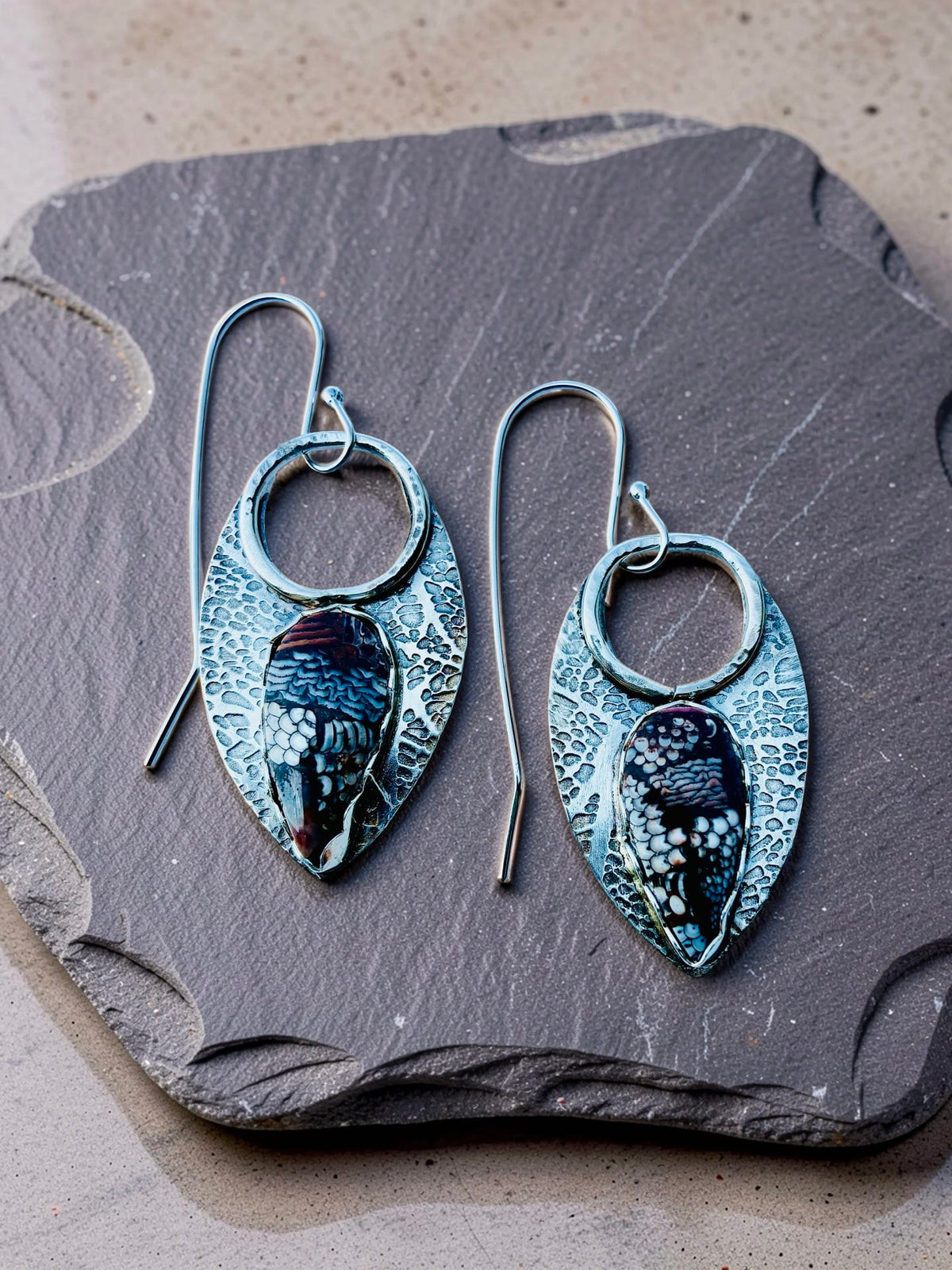 Ancient Armor handcrafted sterling silver earrings with patterned Snakeskin Jasper stones by Christine Keller of Chrizart Creations