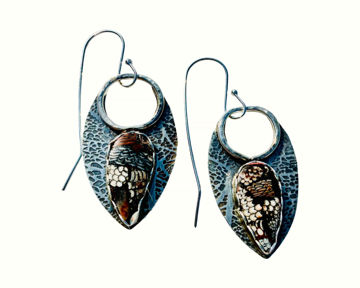 Ancient Armor handcrafted sterling silver earrings with patterned Snakeskin Jasper stones by Christine Keller of Chrizart Creations