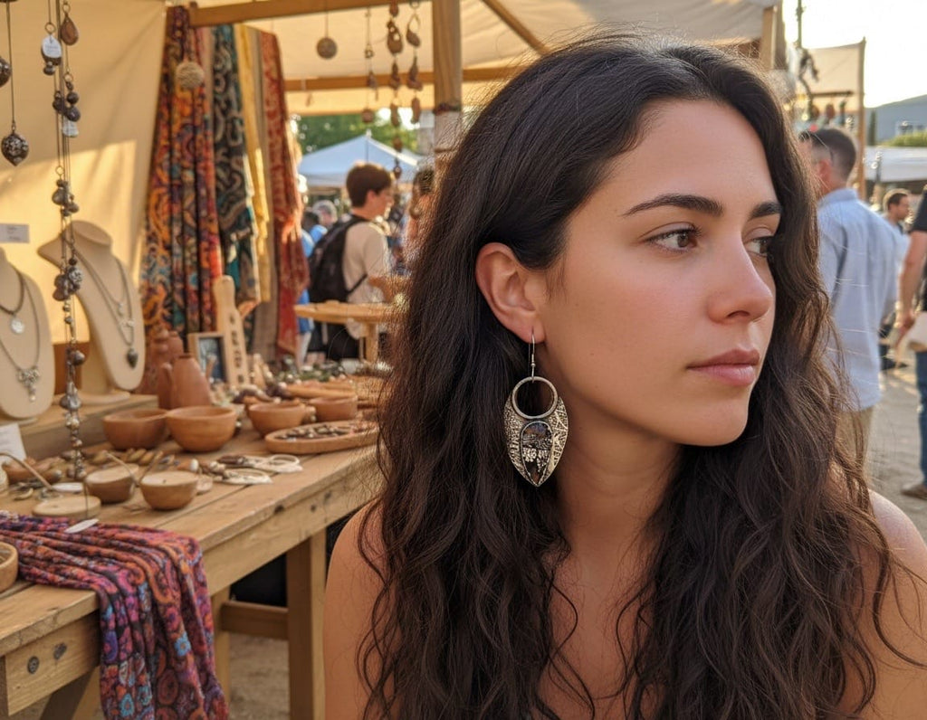 Ancient Armor handcrafted sterling silver earrings with patterned Snakeskin Jasper stones by Christine Keller of Chrizart Creations