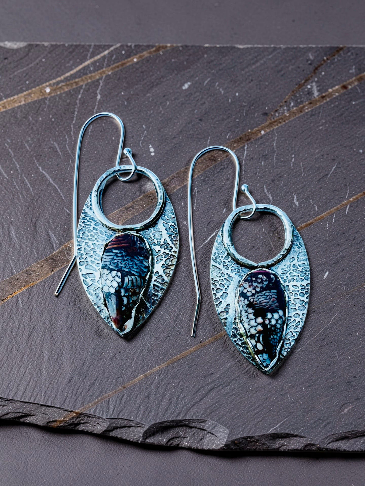 Ancient Armor handcrafted sterling silver earrings with patterned Snakeskin Jasper stones by Christine Keller of Chrizart Creations
