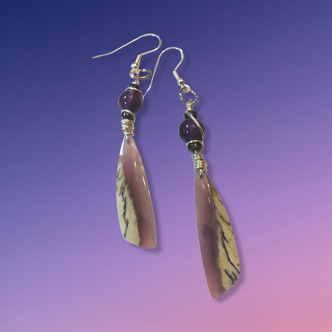 W-  'Snow on Trees' Purple Chalcedony Matching Cut Stone Earrings in Fine Silver