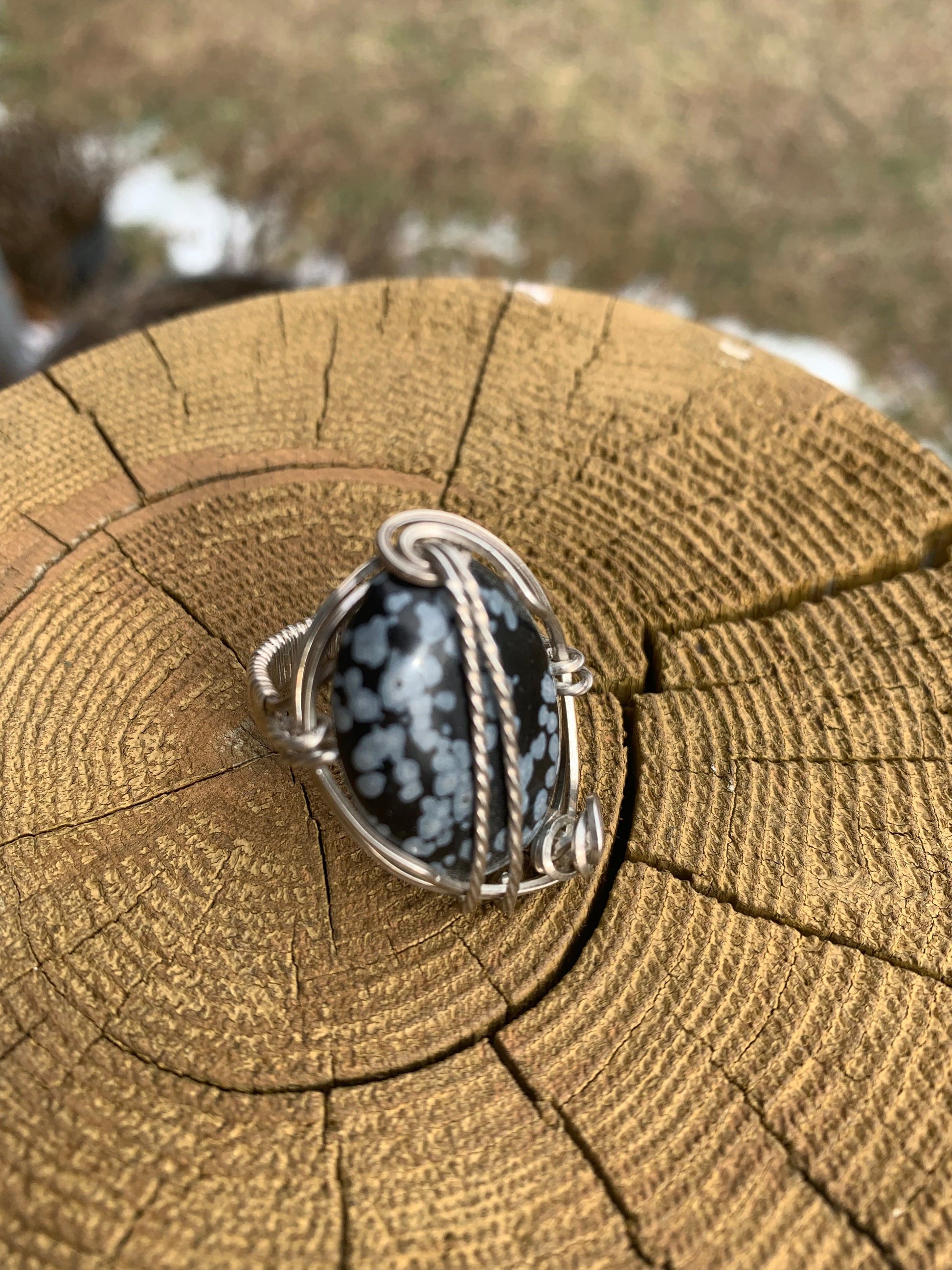 “Stillness Within” — Snowflake Obsidian Silver Wire-Wrapped Ring  -Size 9
