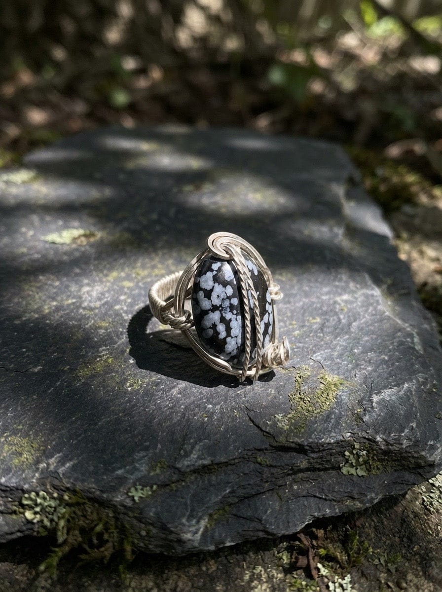 “Stillness Within” — Snowflake Obsidian Silver Wire-Wrapped Ring  -Size 9