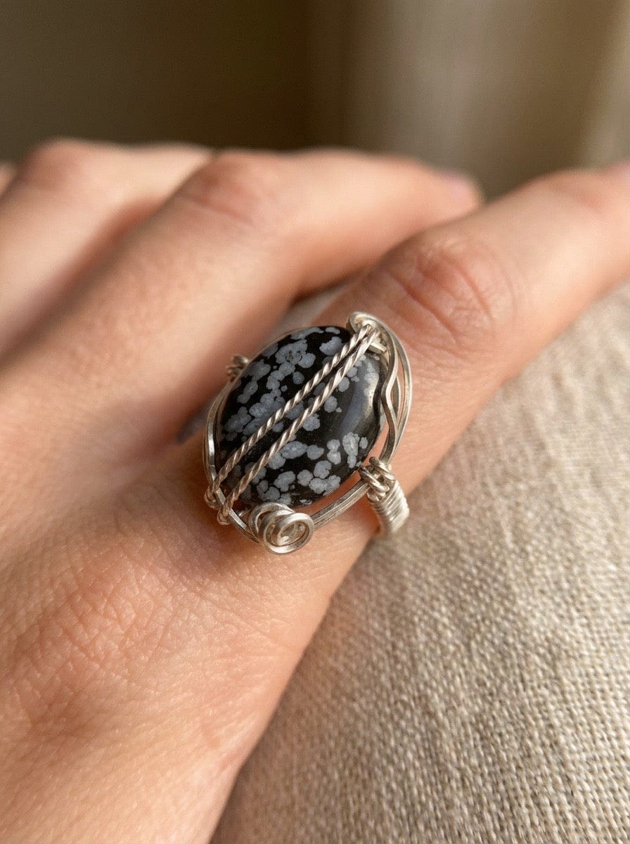 “Stillness Within” — Snowflake Obsidian Silver Wire-Wrapped Ring  -Size 9