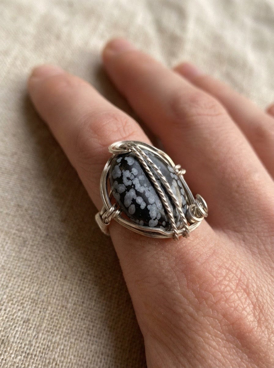 “Stillness Within” — Snowflake Obsidian Silver Wire-Wrapped Ring  -Size 9