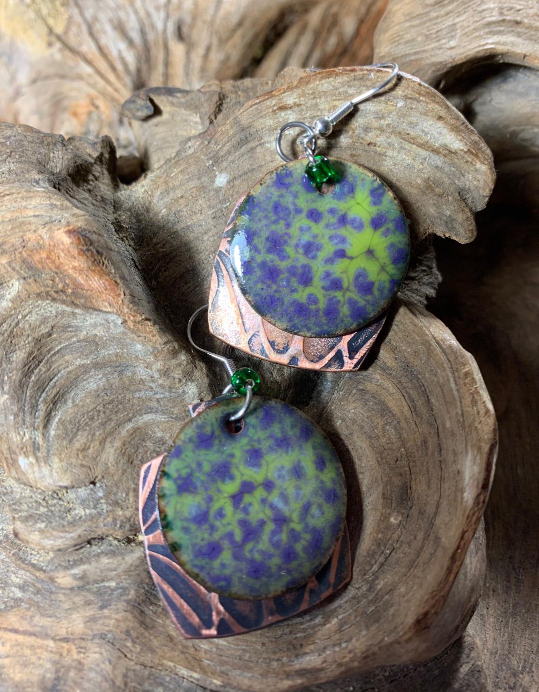 'Soothing Thoughts' Purple and Green Enamel Earrings