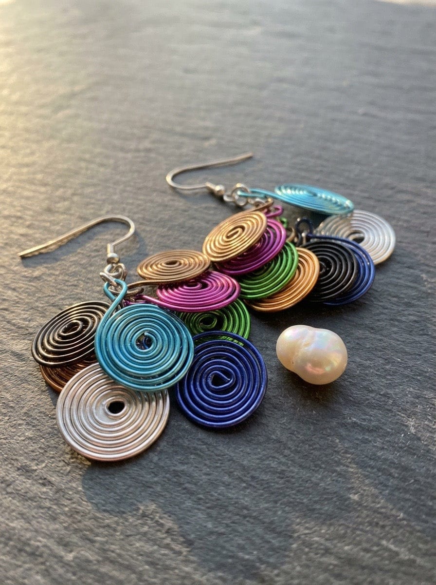 Colorful spiral Aluminum earrings with a pearl on a dark surface