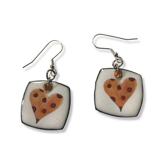 'Spotted Hearts' Reds, yellow and orange Enamel Earrings