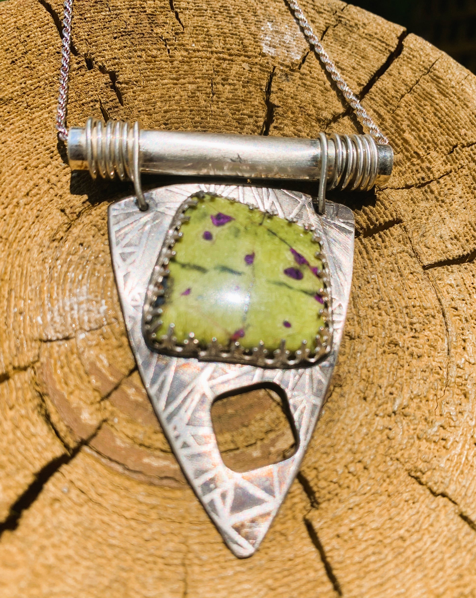 'Soothing Paths' Serpentine Stichtite Silver Pendant