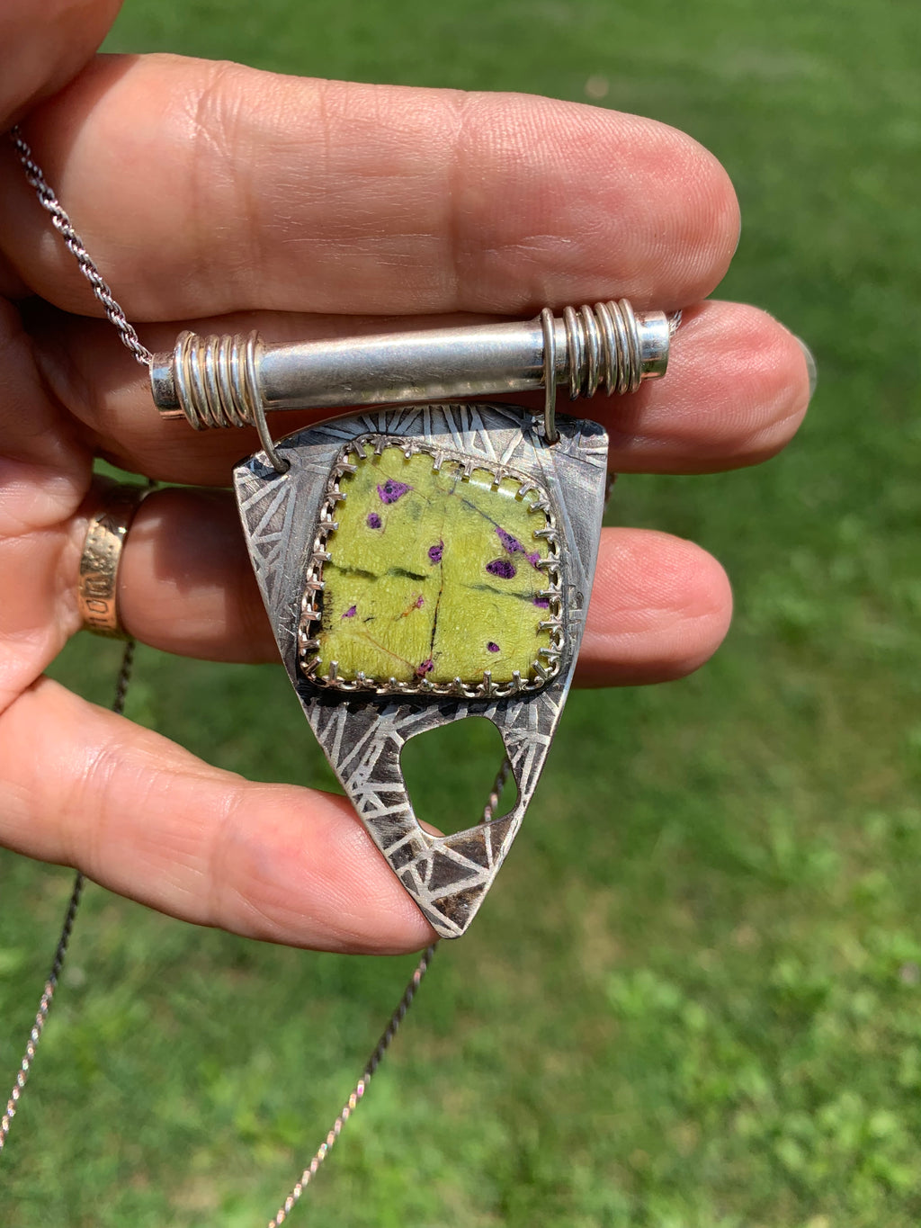 'Soothing Paths' Serpentine Stichtite Silver Pendant