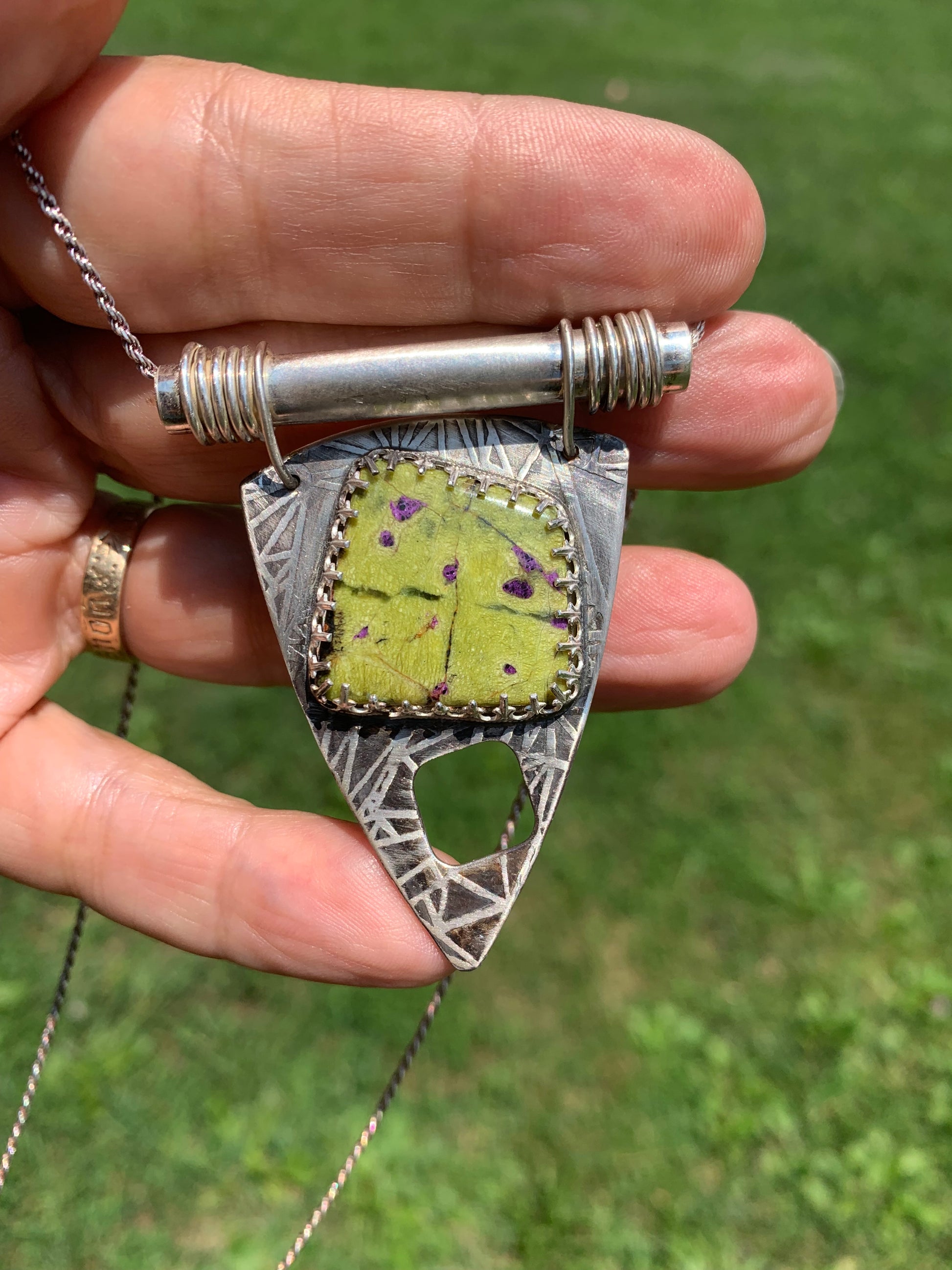 'Soothing Paths' Serpentine Stichtite Silver Pendant
