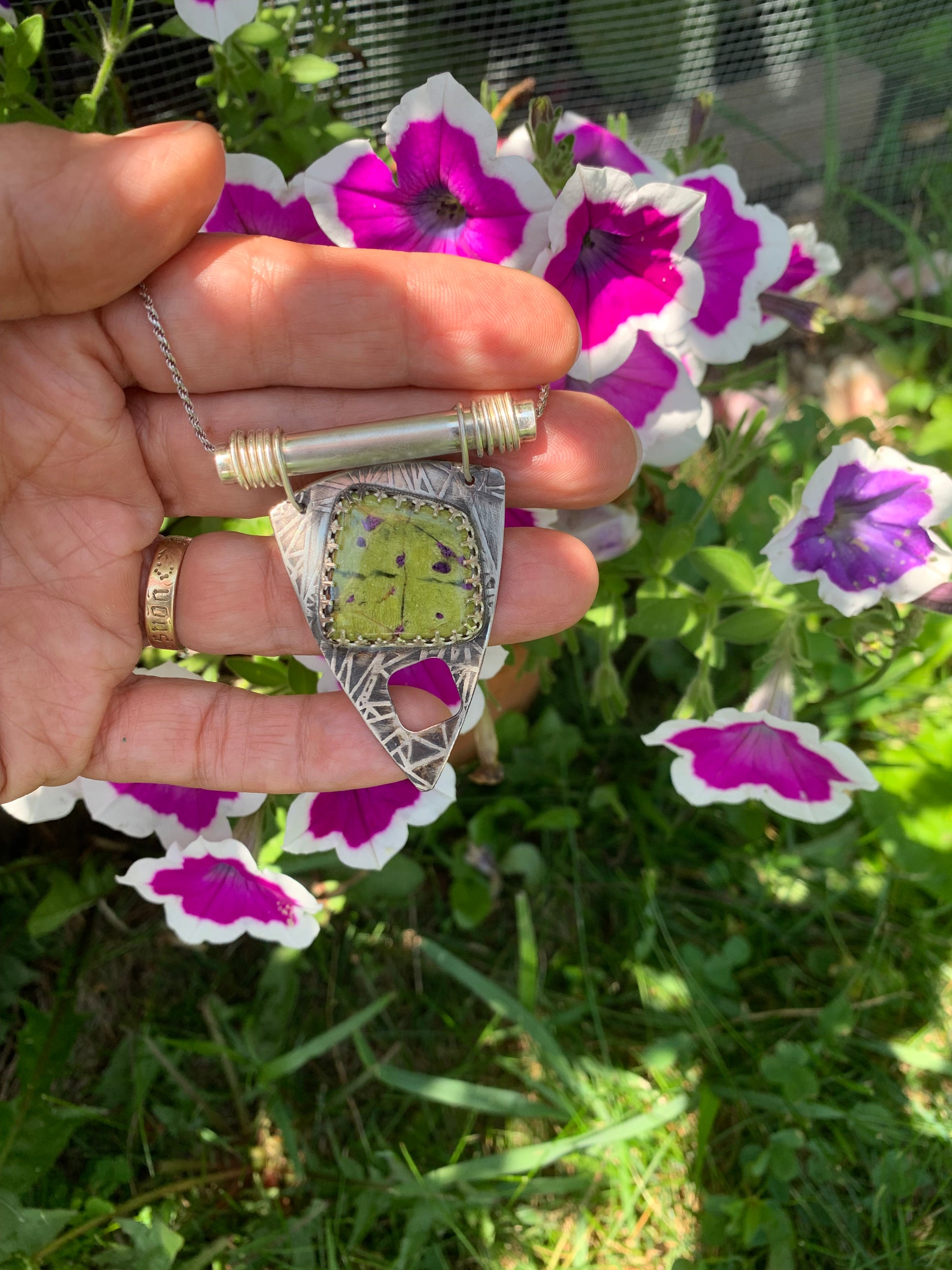 'Soothing Paths' Serpentine Stichtite Silver Pendant