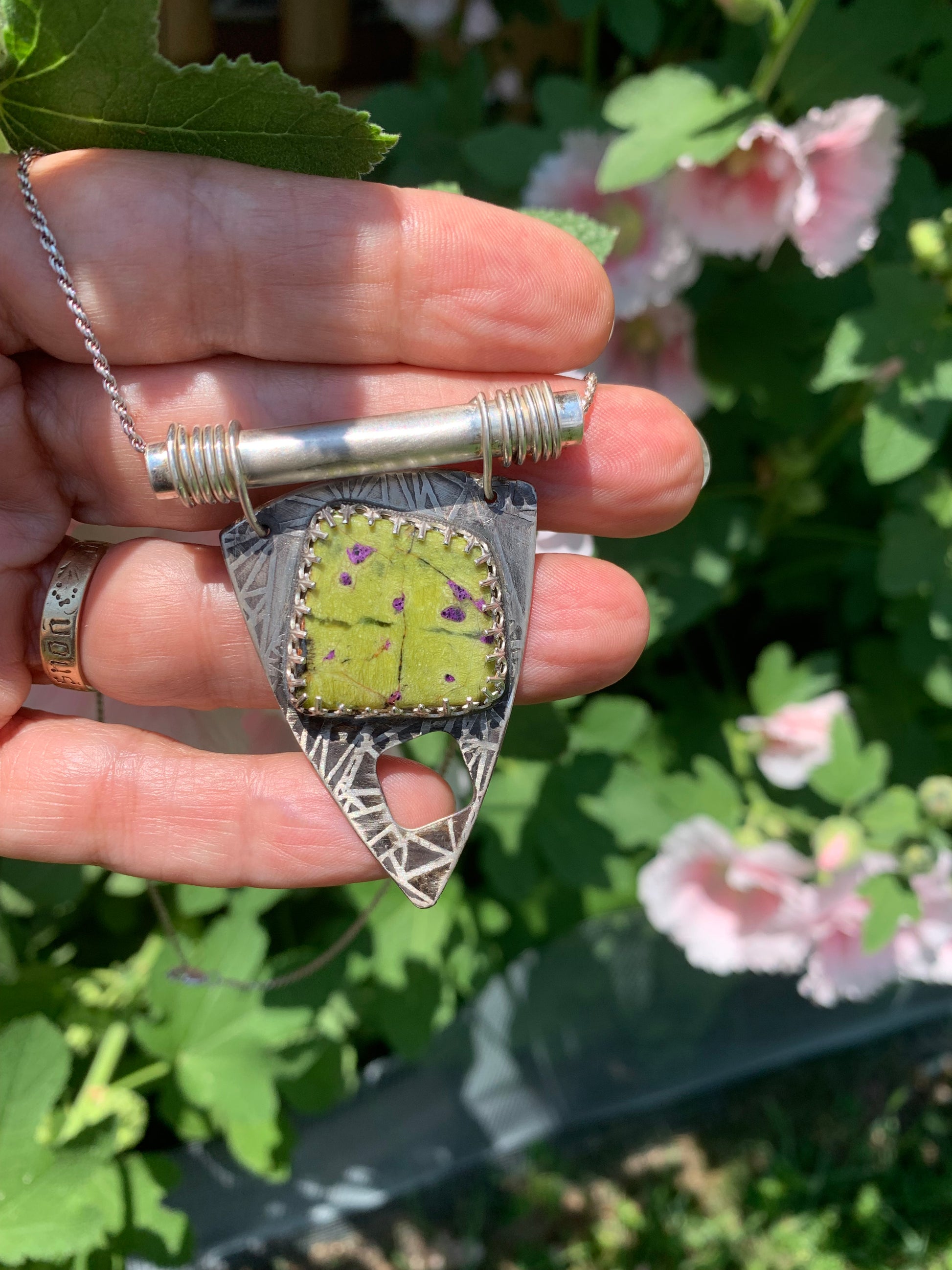 'Soothing Paths' Serpentine Stichtite Silver Pendant
