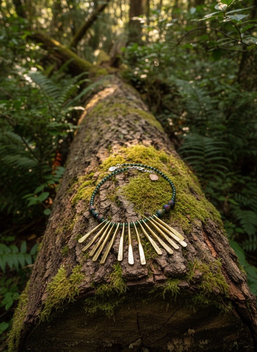 Brass necklace on a moss-covered tree trunk in a forest