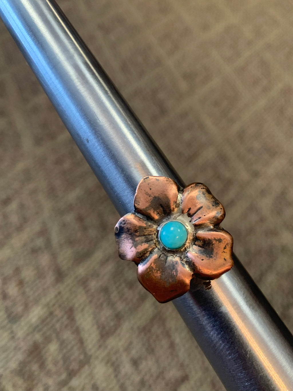 Copper Flower with Turquoise on Silver Band Ring Size 8