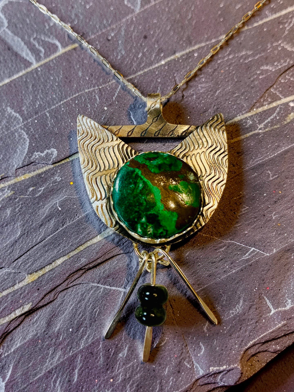 The Living Earth one-of-a-kind Azurite Malachite sterling silver pendant with Kambria Jasper by jewelry artist Christine Keller of Chrizart Creations.