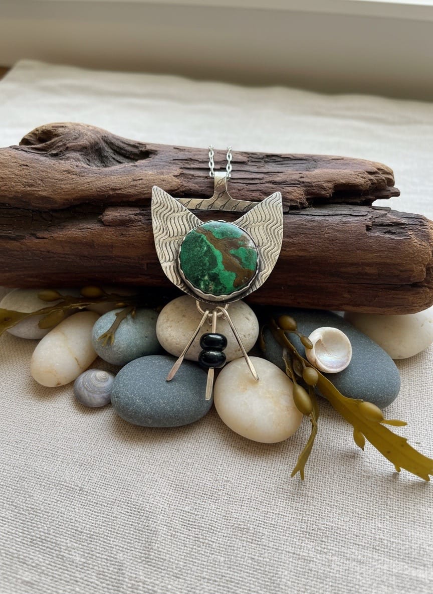 The Living Earth one-of-a-kind Azurite Malachite sterling silver pendant with Kambria Jasper by jewelry artist Christine Keller of Chrizart Creations.