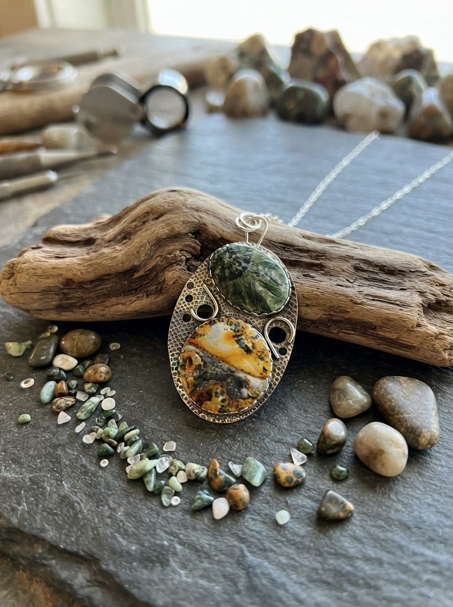 The Unfolding one-of-a-kind silver pendant by Christine Keller featuring green Seraphinite above golden Maligano Jasper in an original textured silver setting.