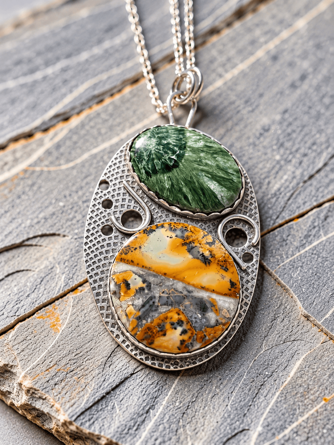 The Unfolding one-of-a-kind silver pendant by Christine Keller featuring green Seraphinite above golden Maligano Jasper in an original textured silver setting.