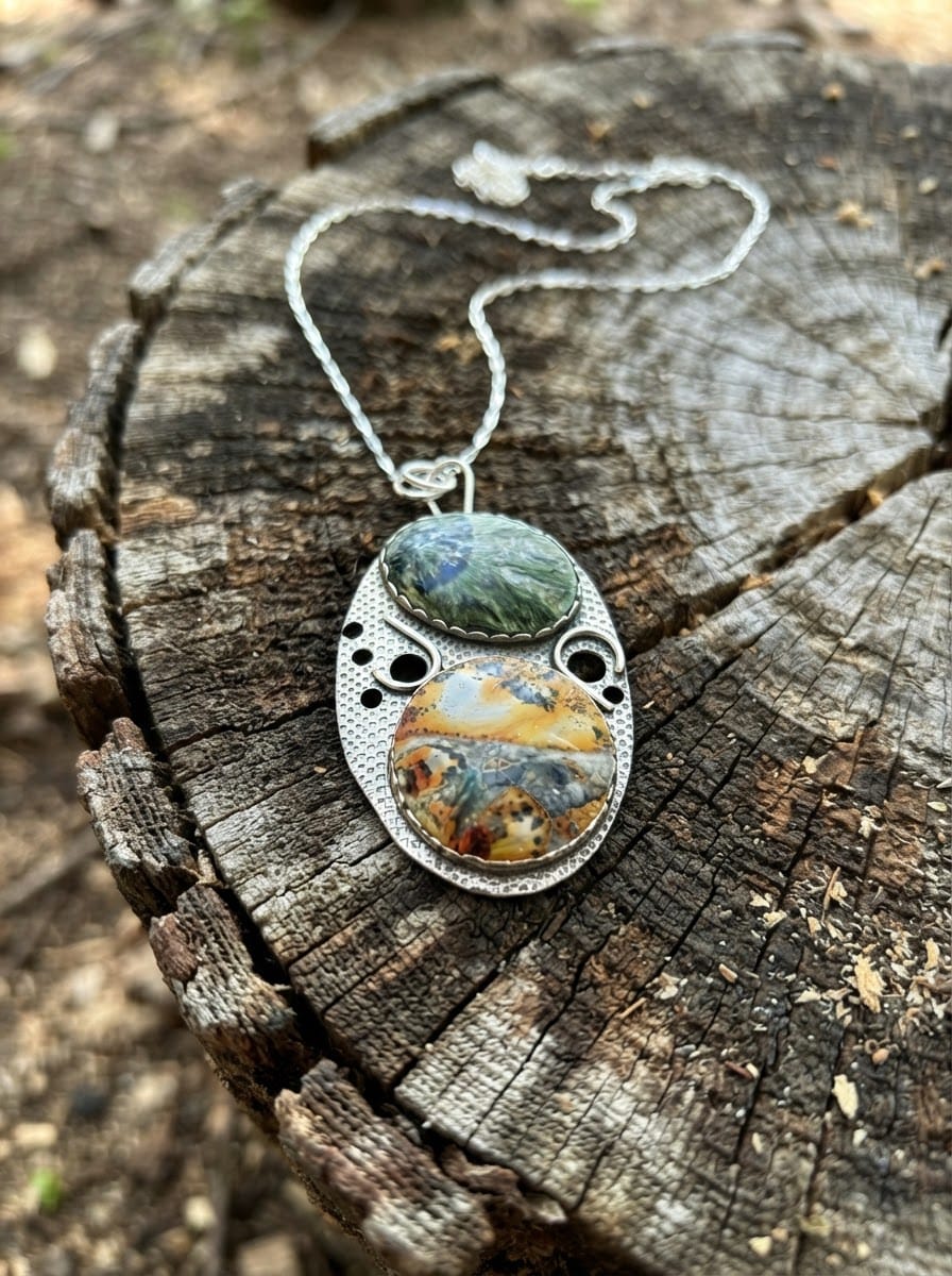 The Unfolding one-of-a-kind silver pendant by Christine Keller featuring green Seraphinite above golden Maligano Jasper in an original textured silver setting.