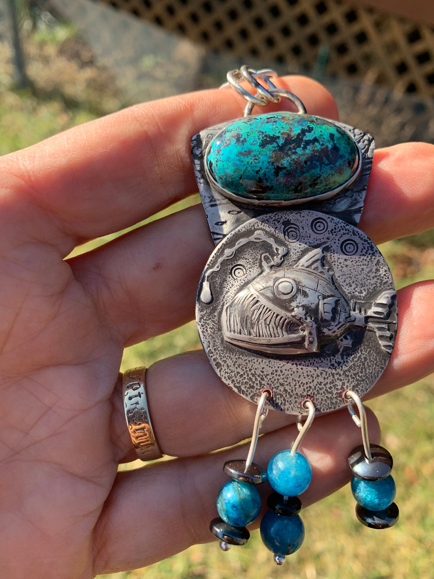 'Toothy' Angelfish Chrysocolla Silver Pendant