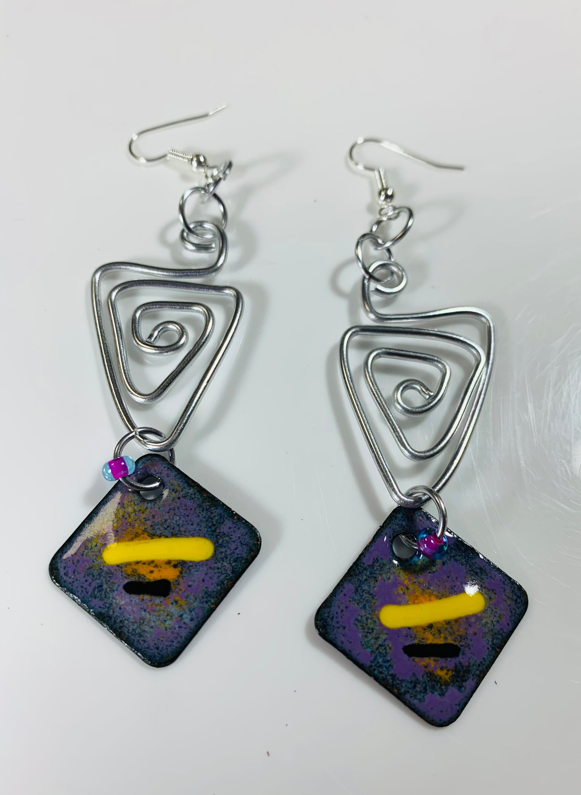 'Triangle Stripes' purple, black and yellow Enamel Earrings