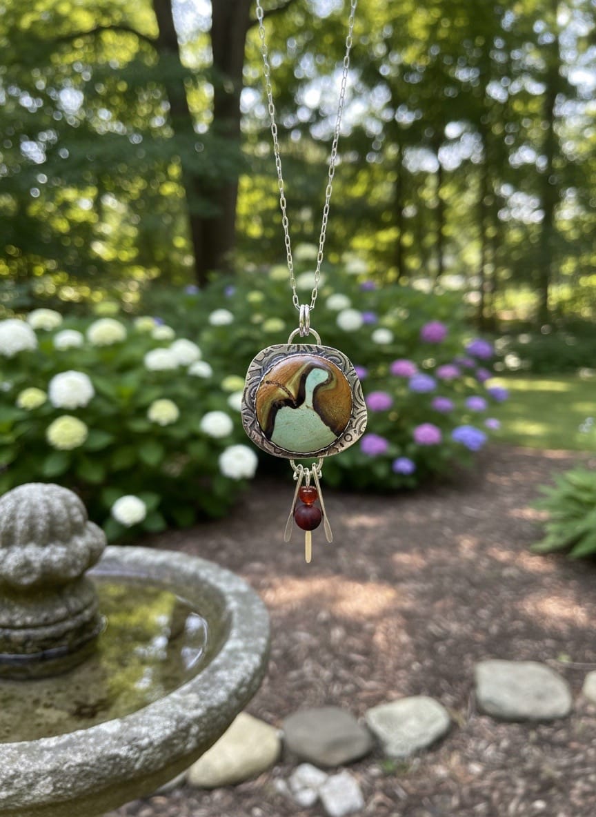 Uncharted Waters one-of-a-kind Jasper pendant with carnelian, tiger eye and handcrafted sterling silver dangles by jewelry artist Christine Keller of Chrizart Creations.