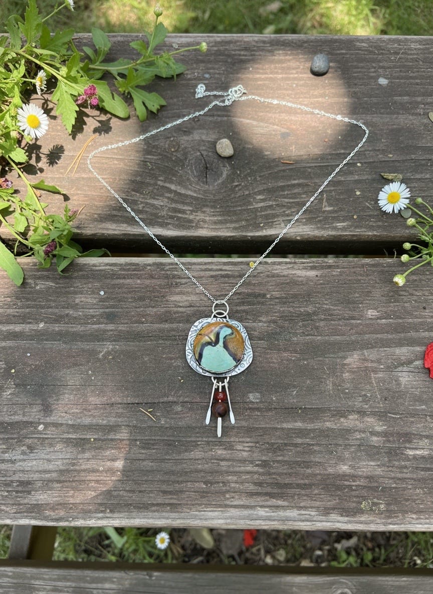 Uncharted Waters one-of-a-kind Jasper pendant with carnelian, tiger eye and handcrafted sterling silver dangles by jewelry artist Christine Keller of Chrizart Creations.