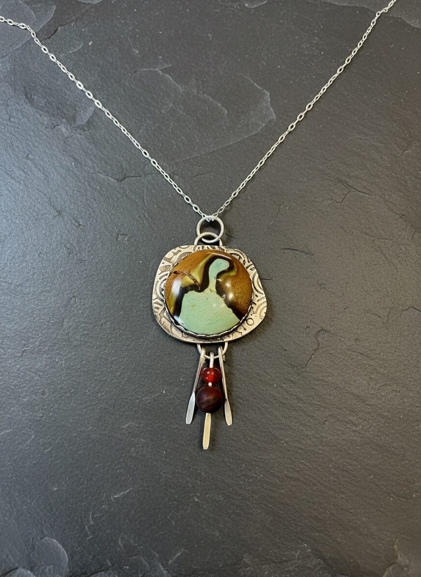 Uncharted Waters one-of-a-kind Jasper pendant with carnelian, tiger eye and handcrafted sterling silver dangles by jewelry artist Christine Keller of Chrizart Creations.