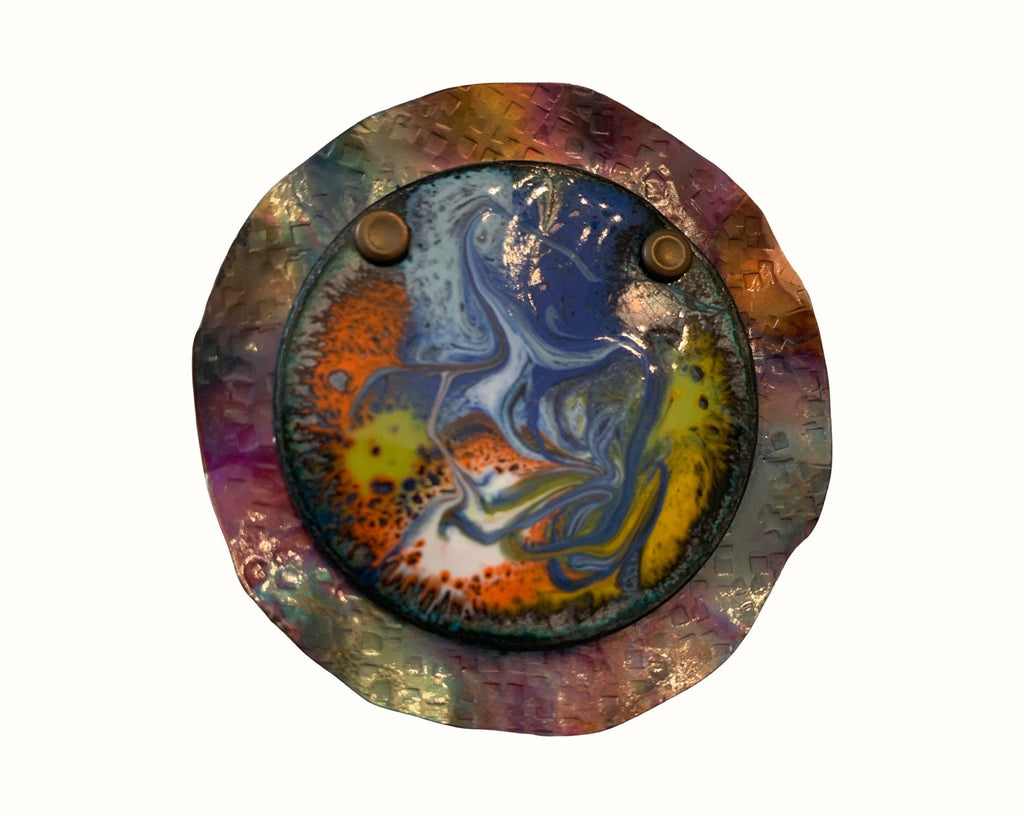 Colorful Enamel Brooch set on flame painted copper