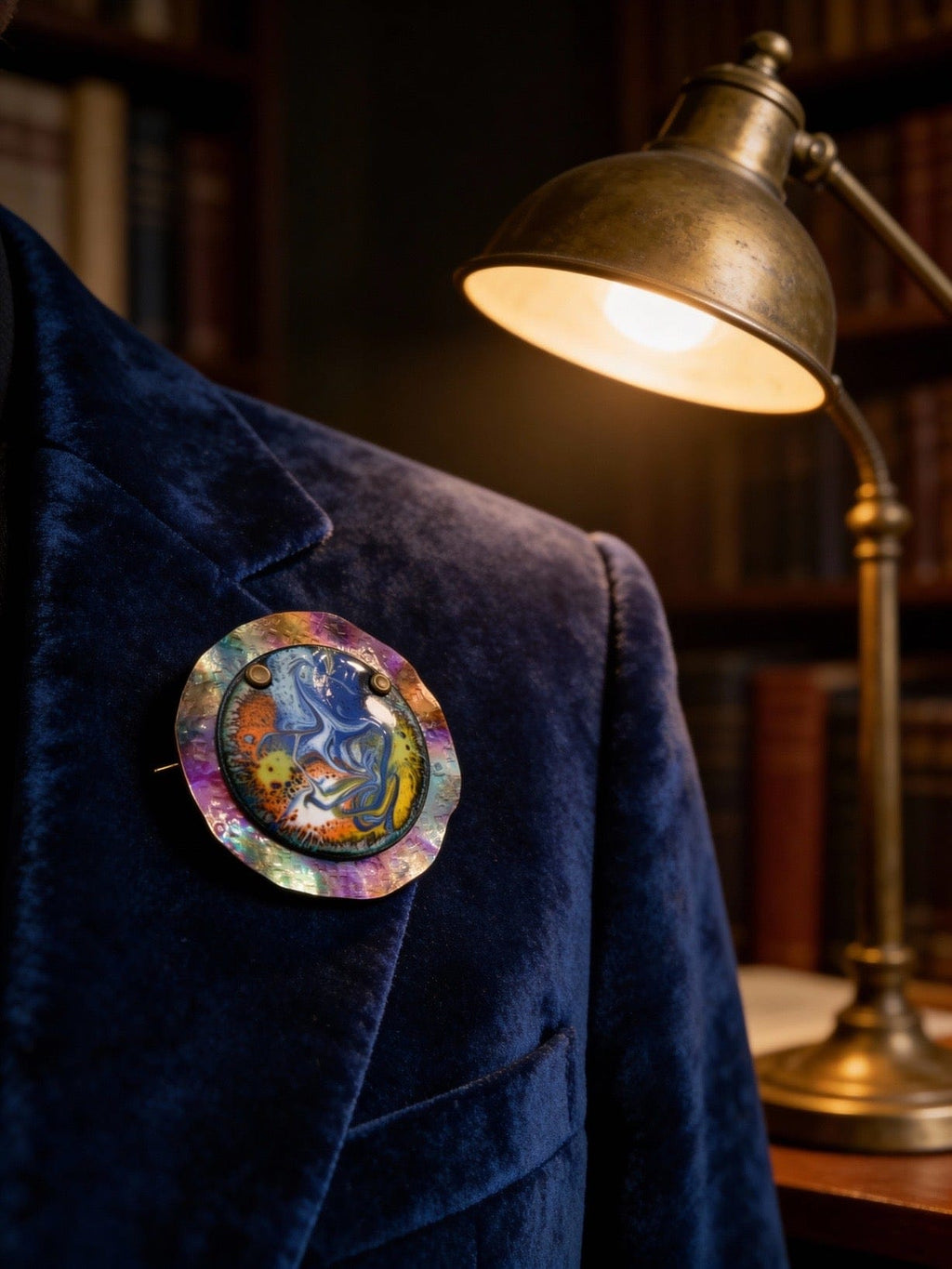 Navy blue blazer with a colorful brooch in a dimly lit room with a lamp.