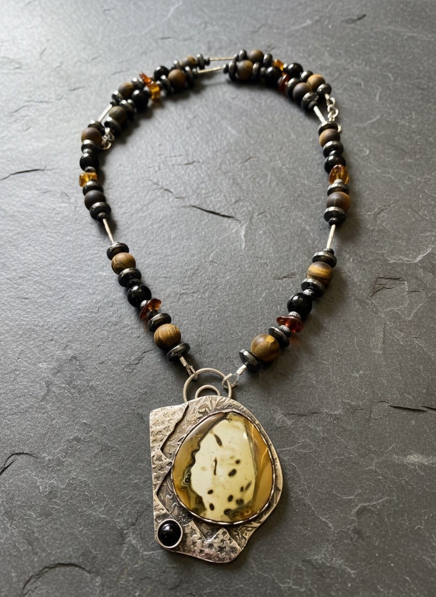 Written in Stone one-of-a-kind Jasper and Black Onyx pendant with handcrafted gemstone chain by jewelry artist Christine Keller.