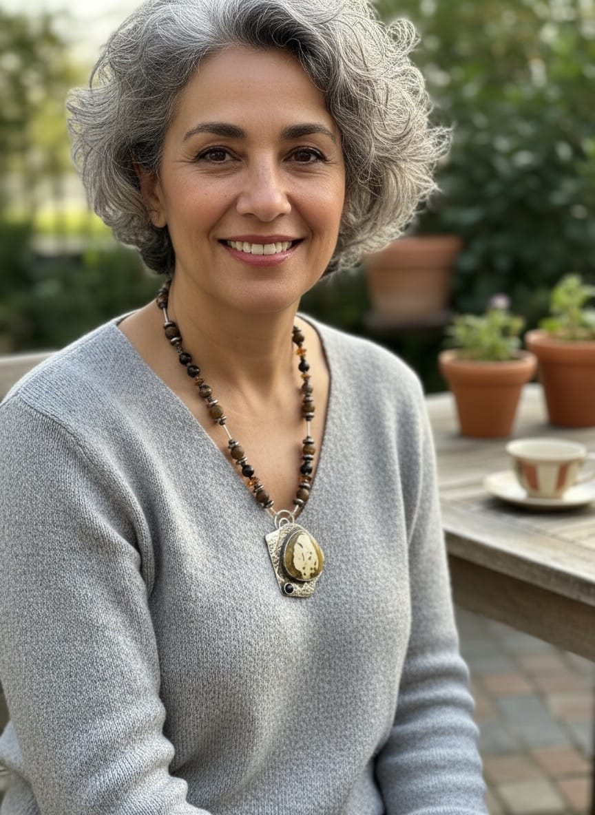 Written in Stone one-of-a-kind Jasper and Black Onyx pendant with handcrafted gemstone chain by jewelry artist Christine Keller.