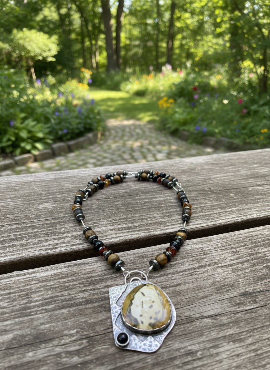 Written in Stone one-of-a-kind Jasper and Black Onyx pendant with handcrafted gemstone chain by jewelry artist Christine Keller.