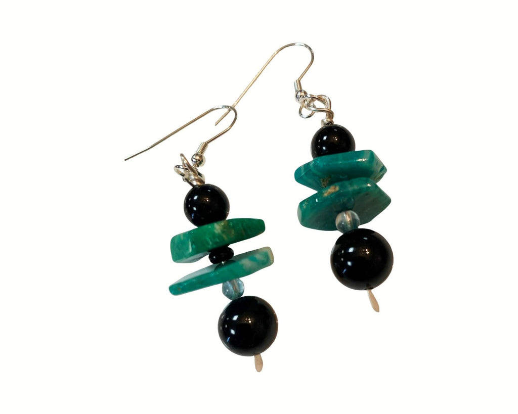 River Stone Whisper – One-of-a-Kind Amazonite & Black Onyx Silver Earrings