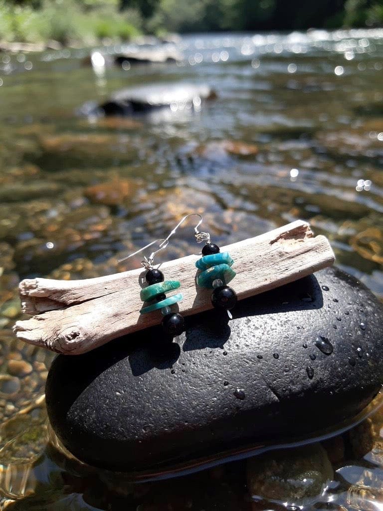 River Stone Whisper – One-of-a-Kind Amazonite & Black Onyx Silver Earrings