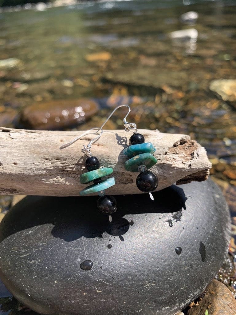 River Stone Whisper – One-of-a-Kind Amazonite & Black Onyx Silver Earrings