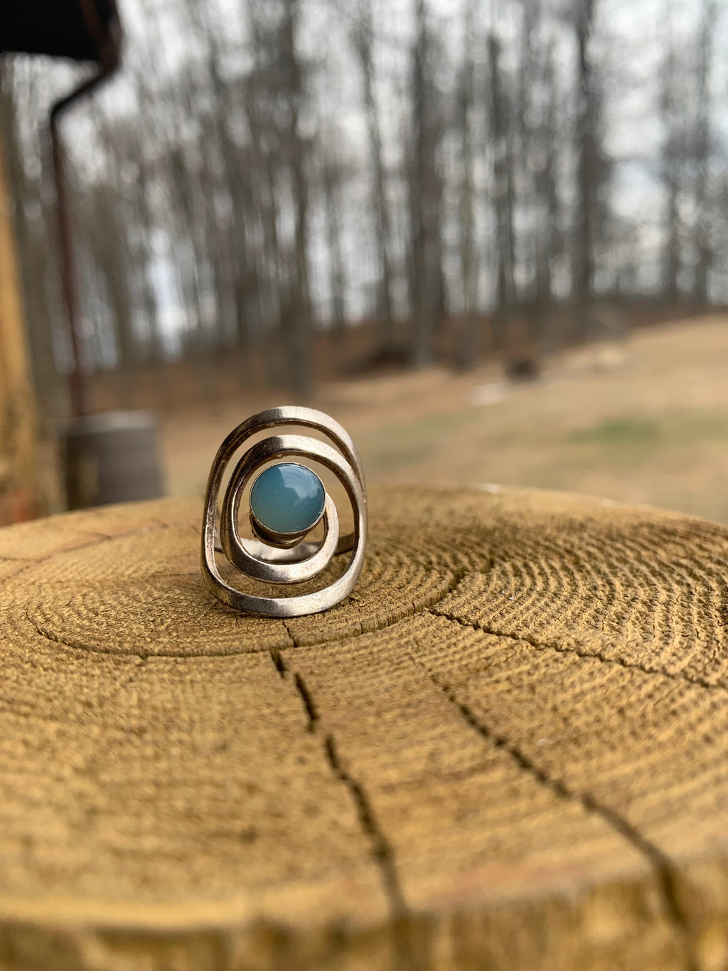 “Timeless Blue” — Chalcedony Silver Swirl Statement Ring  size 8