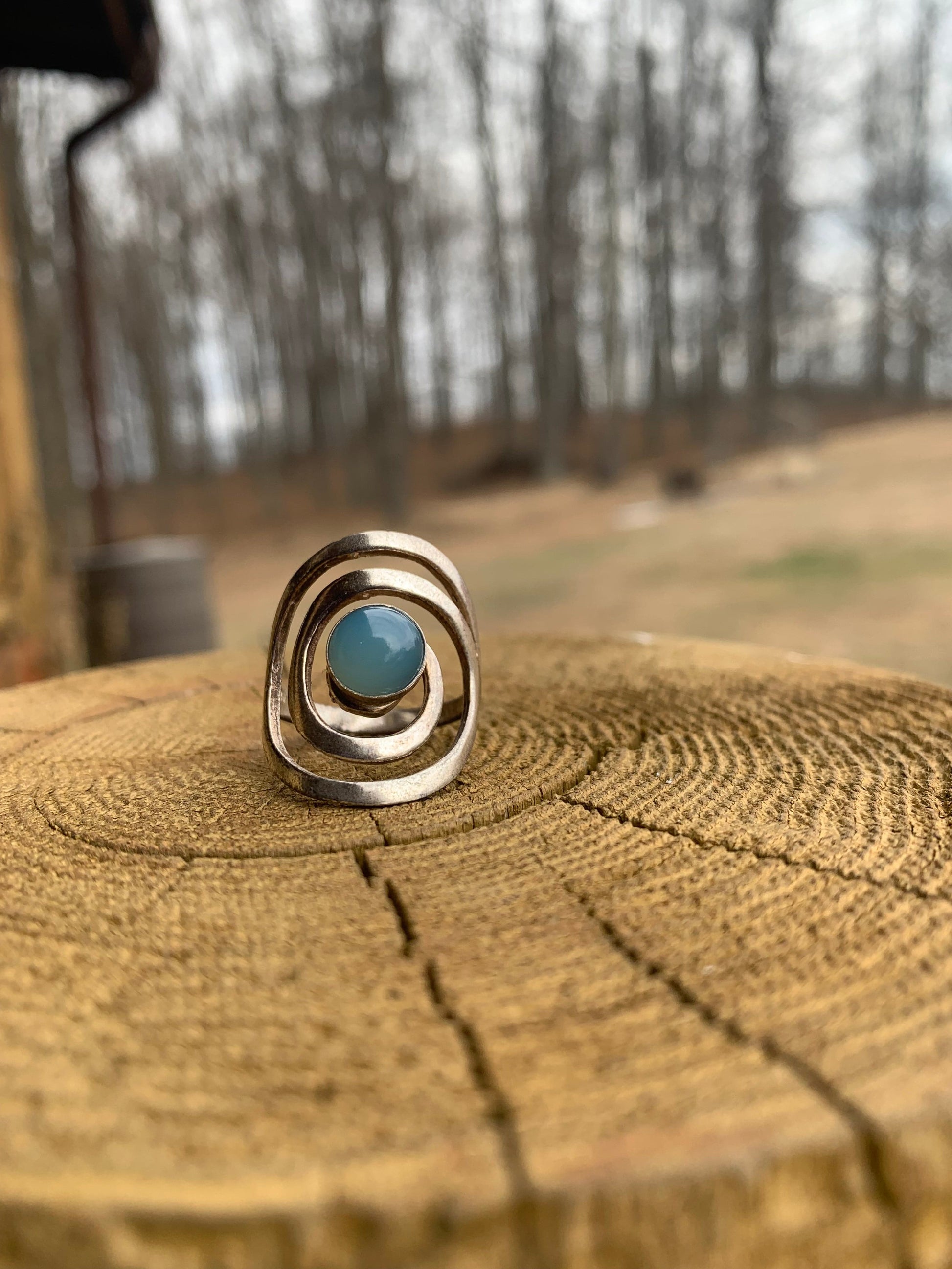 “Timeless Blue” — Chalcedony Silver Swirl Statement Ring  size 8