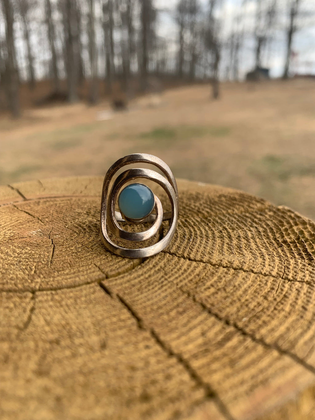 “Timeless Blue” — Chalcedony Silver Swirl Statement Ring  size 8